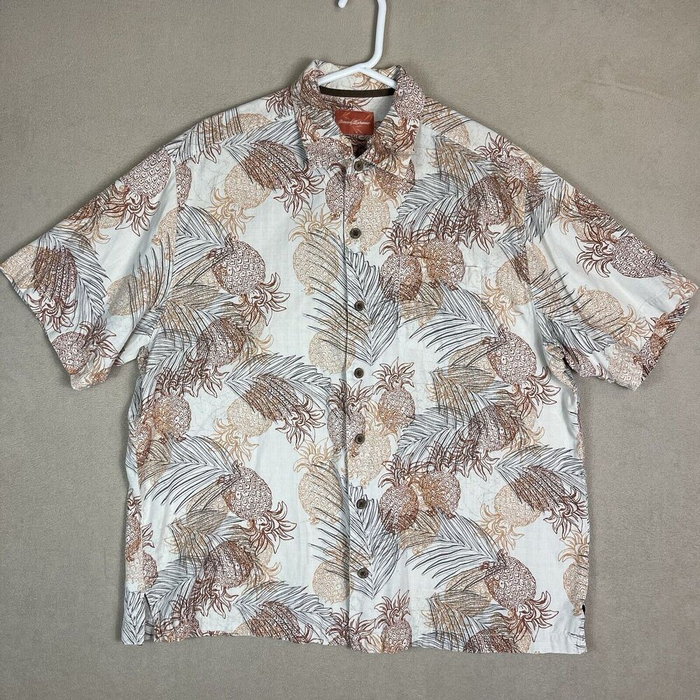 Tommy Bahama Shirt Mens Extra Large Beige Floral Silk Beach Aloha Short Sleeve